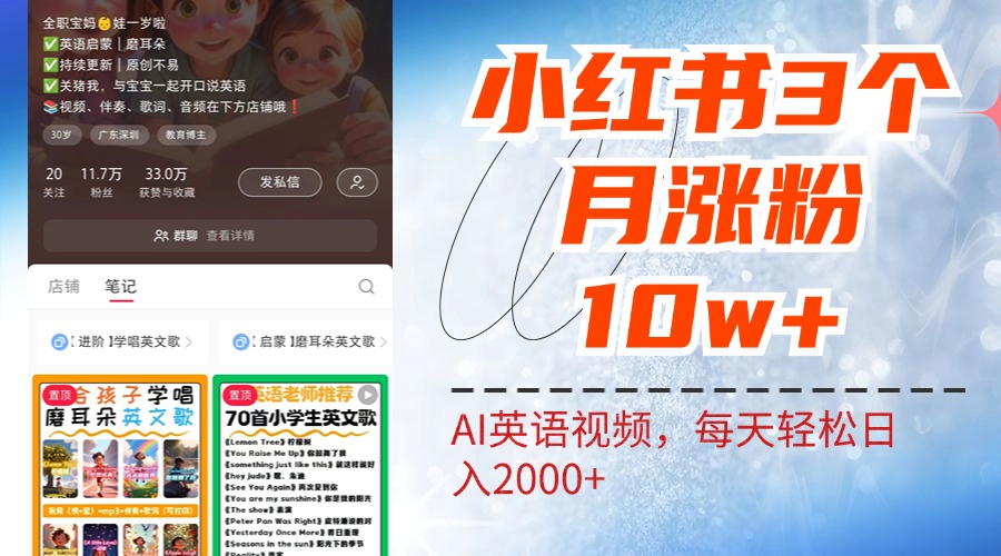小红书三个月涨粉10W！AI英语视频0成本制作，每天轻松日入2000+-91搞钱