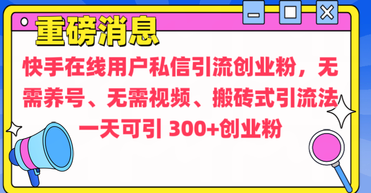 通过给快手在线用户私信引流创业粉，无需养号、无需视频、搬砖式引流法，一天可引300+创业粉-91搞钱