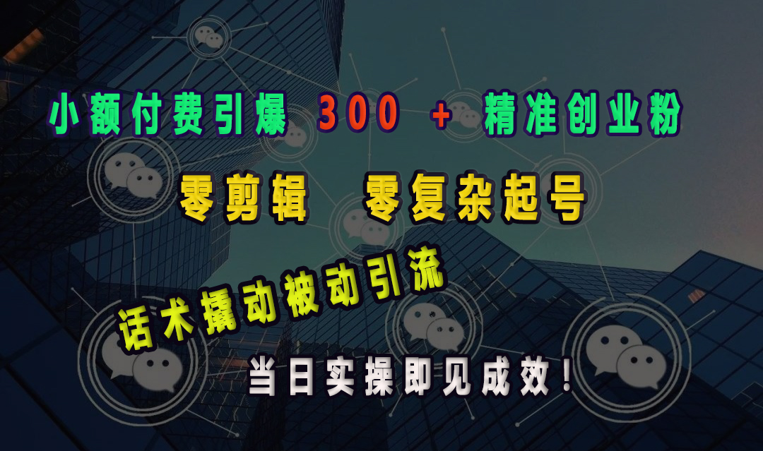 小额付费引爆 300 + 精准创业粉，零剪辑、零复杂起号，话术撬动被动引流，当日实操即见成效！-91搞钱