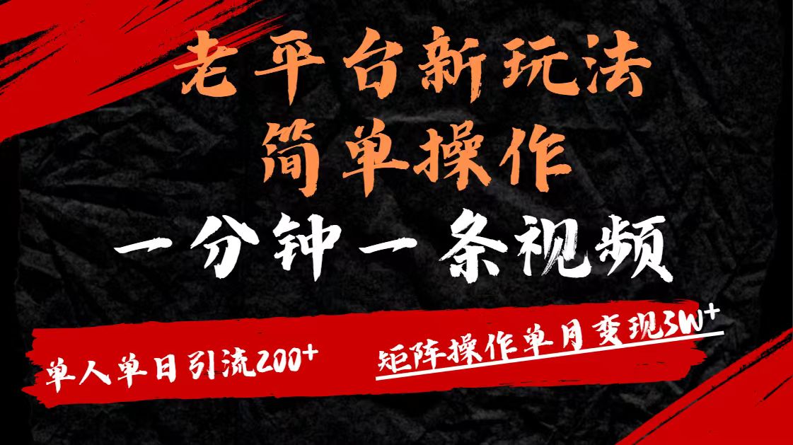 老平台，新玩法，简单操作，一分钟一条视频，单人单人引流200+矩阵操作，单月变现3W-91搞钱