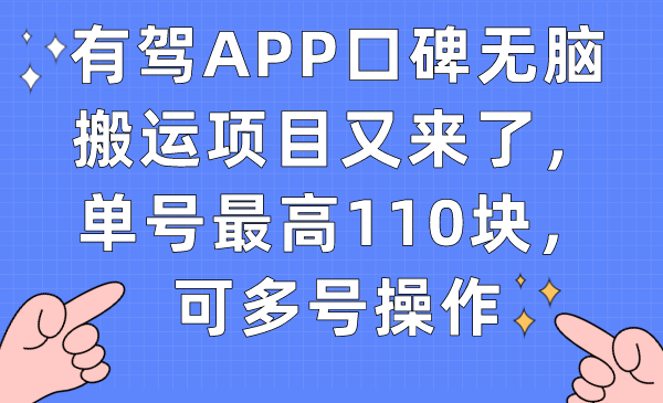 有驾APP口碑无脑搬运项目又来了，单号最高110块，可多号操作-91搞钱