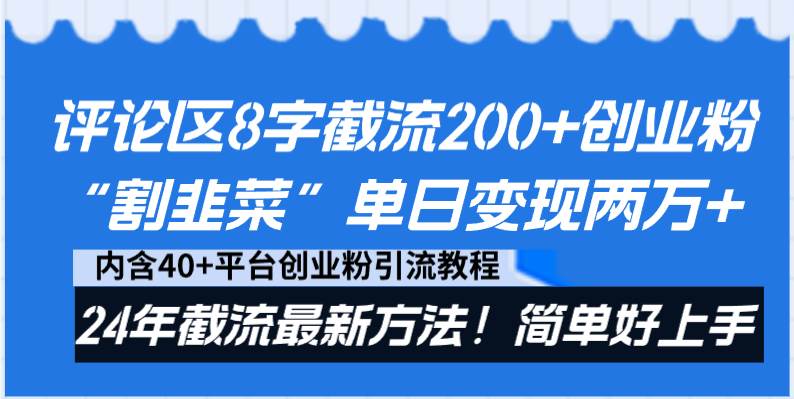 评论区8字截流200+创业粉“割韭菜”单日变现两万+24年截流最新方法！-91搞钱