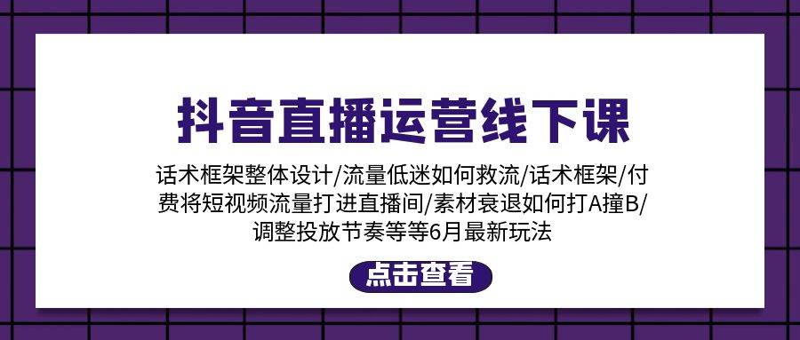抖音直播运营线下课：话术框架/付费流量直播间/素材A撞B/等6月新玩法-91搞钱