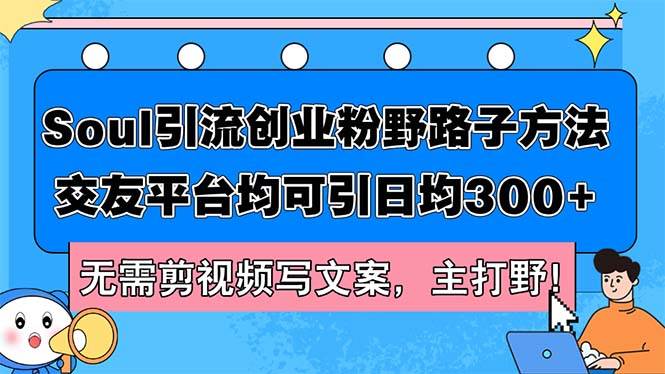Soul引流创业粉野路子方法，交友平台均可引日均300+，无需剪视频写文案...-91搞钱